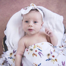 Load image into Gallery viewer, Boho Posy baby jersey wrap &amp; topknot set
