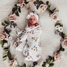 Load image into Gallery viewer, Boho Posy baby jersey wrap &amp; topknot set