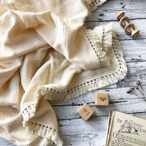 Boho Tassel Organic Muslin Blanket in Milk