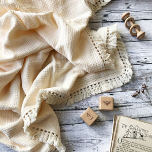 Boho Tassel Organic Muslin Blanket in Milk